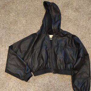 Faux Leather Hooded Bomber Jacket